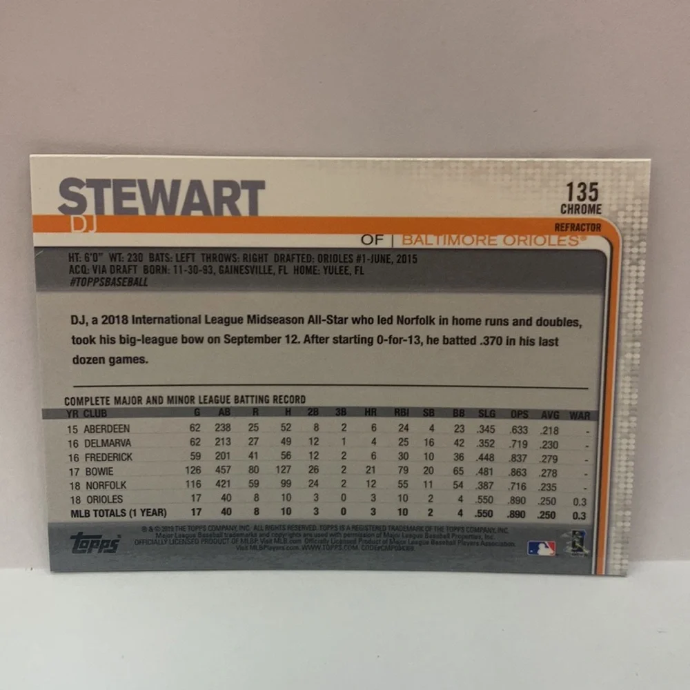 2019 Topps Chrome DJ Stewart Orioles Sepia RC #135 (MISC9)